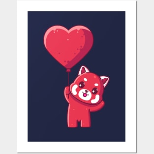 Cute red panda holding love balloon Posters and Art